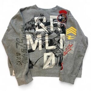 Dreamland Gray Military Aviation Patchwork Graphic Crewneck Sweatshirt XL Fits M